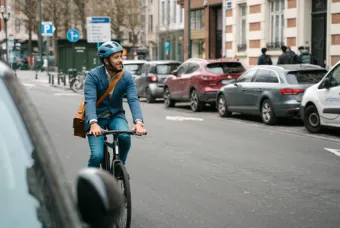 Man fietst door woonwijk